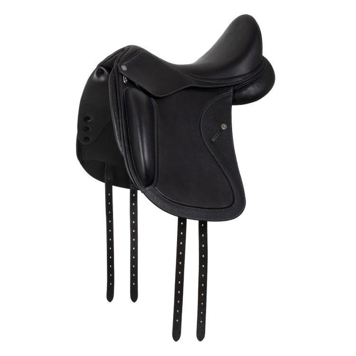 Black leather equestrian saddle on a white background