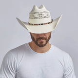 Man wearing a white cowboy hat with a brown band on a gray background