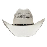 White cowboy hat with a band on a white background