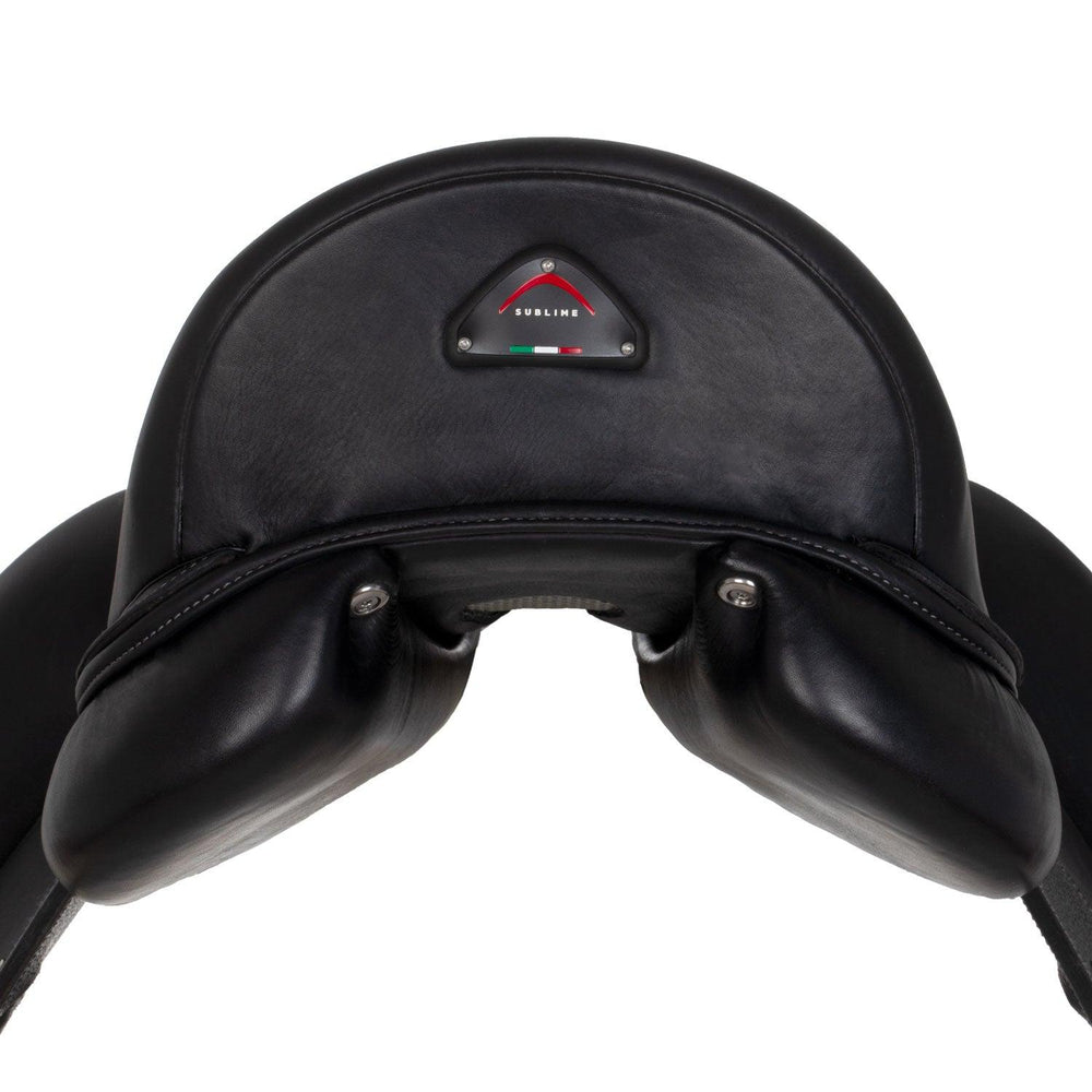 Black leather saddle with a brand logo on a white background