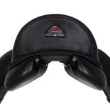 Black leather saddle with a brand logo on a white background