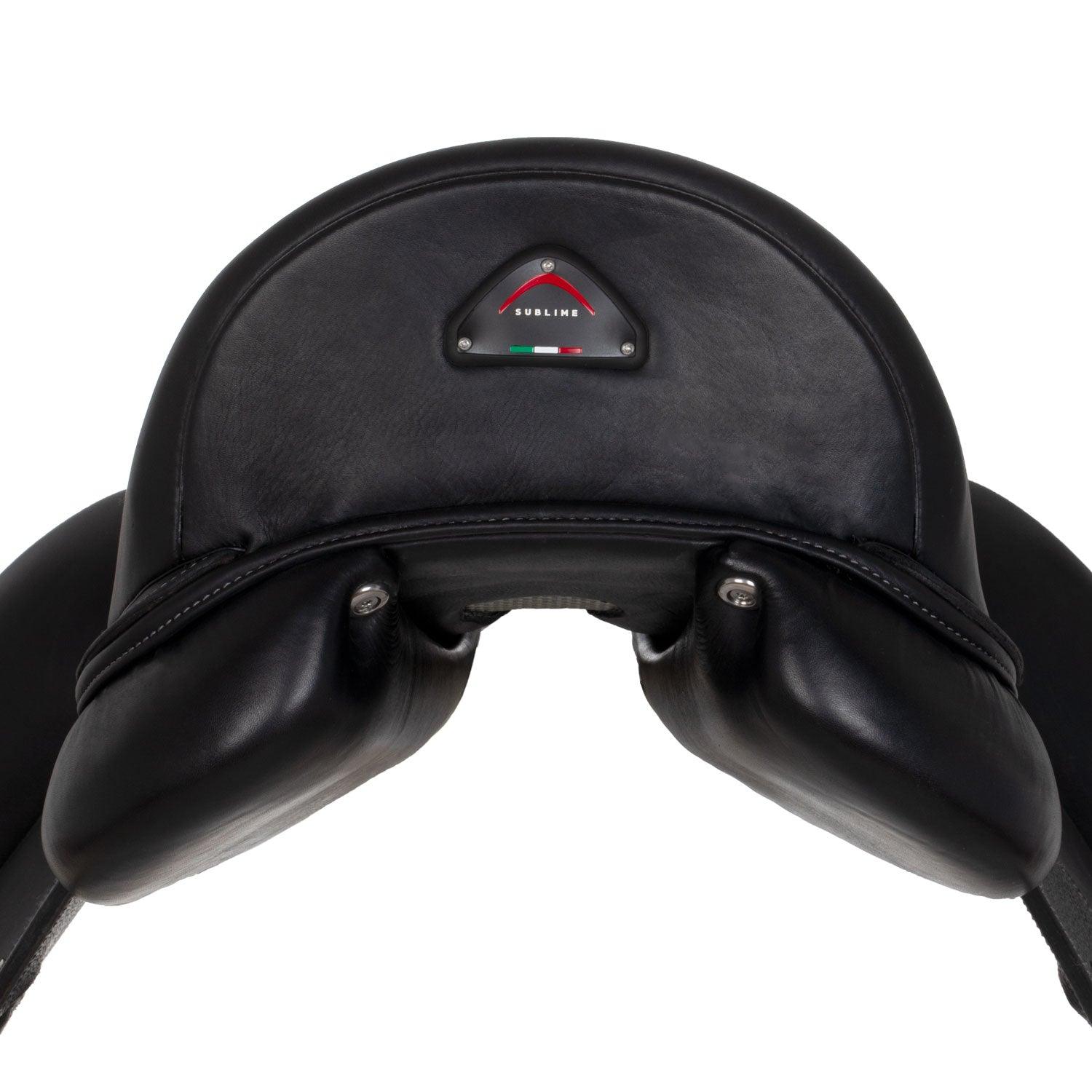 Black leather saddle with a brand logo on a white background