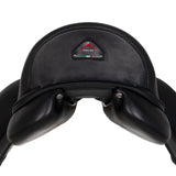Black leather saddle with a brand logo on a white background