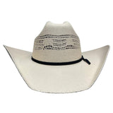 A beige men's straw cowboy hat with a black band and a small bow detail, displayed against a white background.