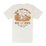 White t-shirt with graphic design and text on a white background