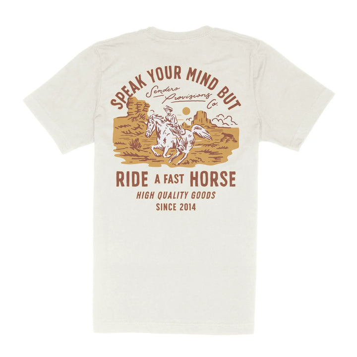 White t-shirt with graphic design and text on a white background